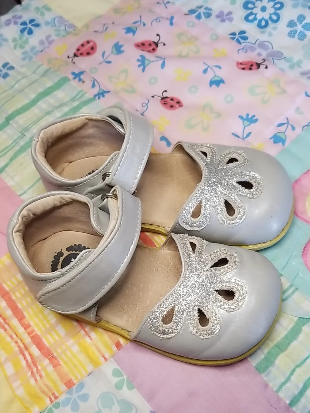 Livie & Luca Silver Leather Mary Jane Shoes with Silver Glitter Petals Size 8